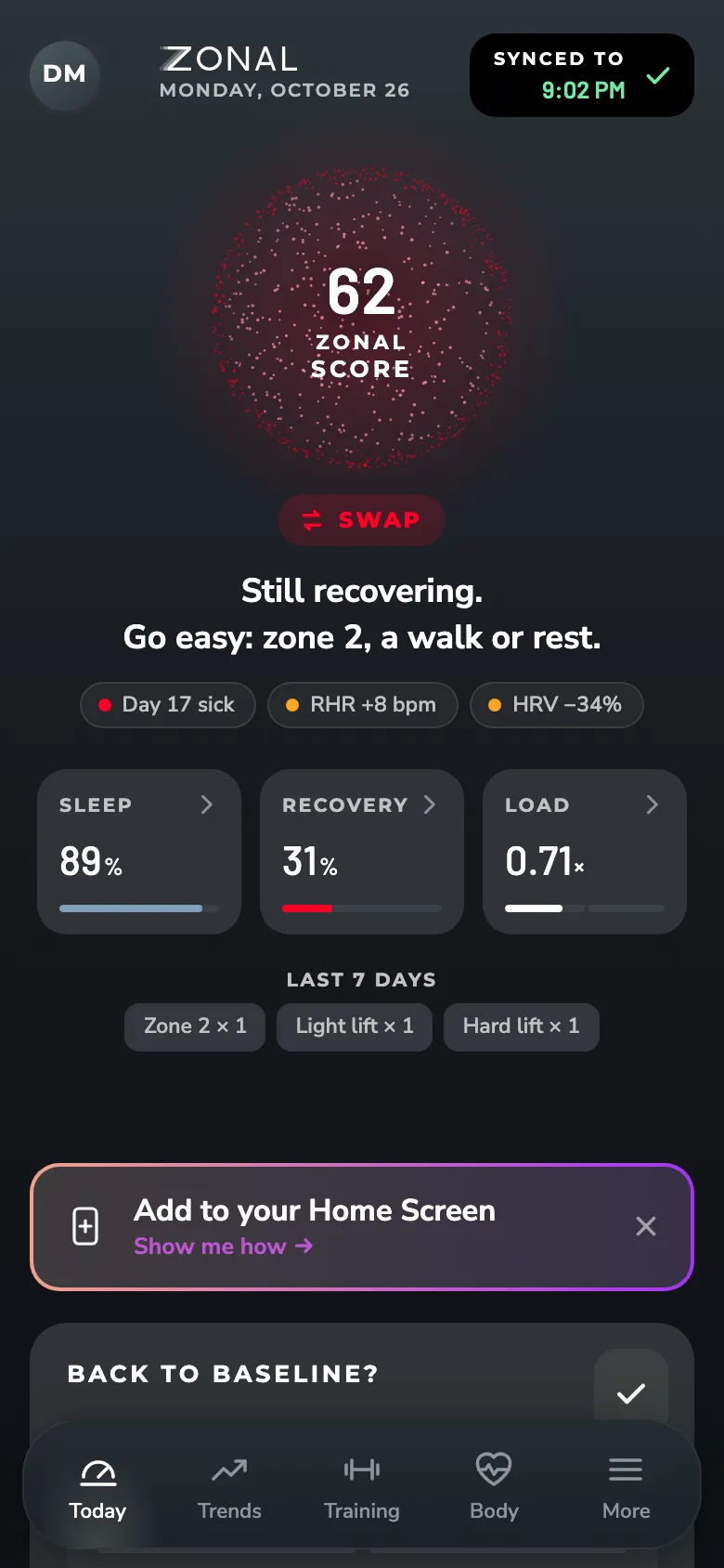 ZONAL Today screen: The morning call and the ZONAL Score, built from WHOOP Recovery, sleep and training load.