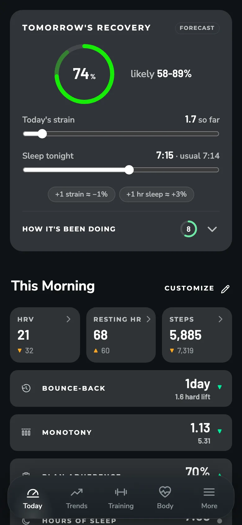 ZONAL Tomorrow's recovery screen: A forecast of tomorrow's recovery, with strain and sleep sliders to see what changes it.