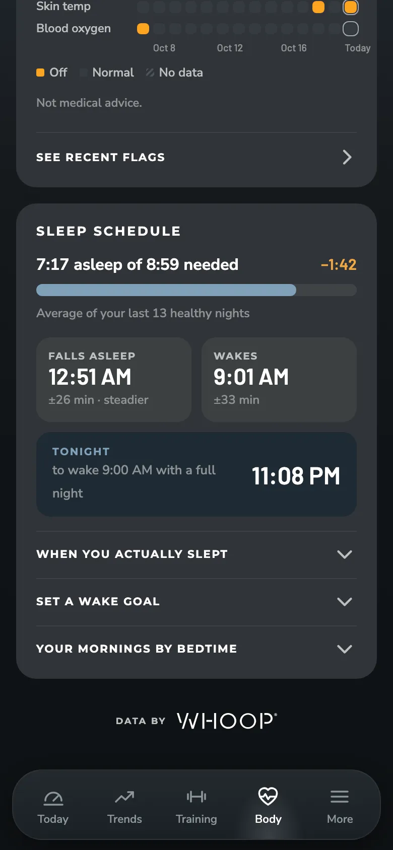 ZONAL Sleep schedule screen: Sleep against WHOOP's need, when you fall asleep and wake, and tonight's lights-out time.