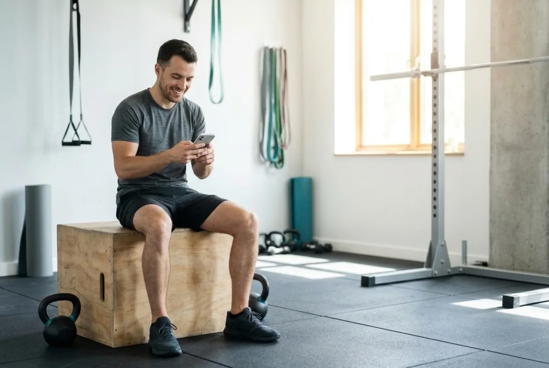 A man sitting on a plyo box in a sunny gym, checking how his sessions moved his numbers