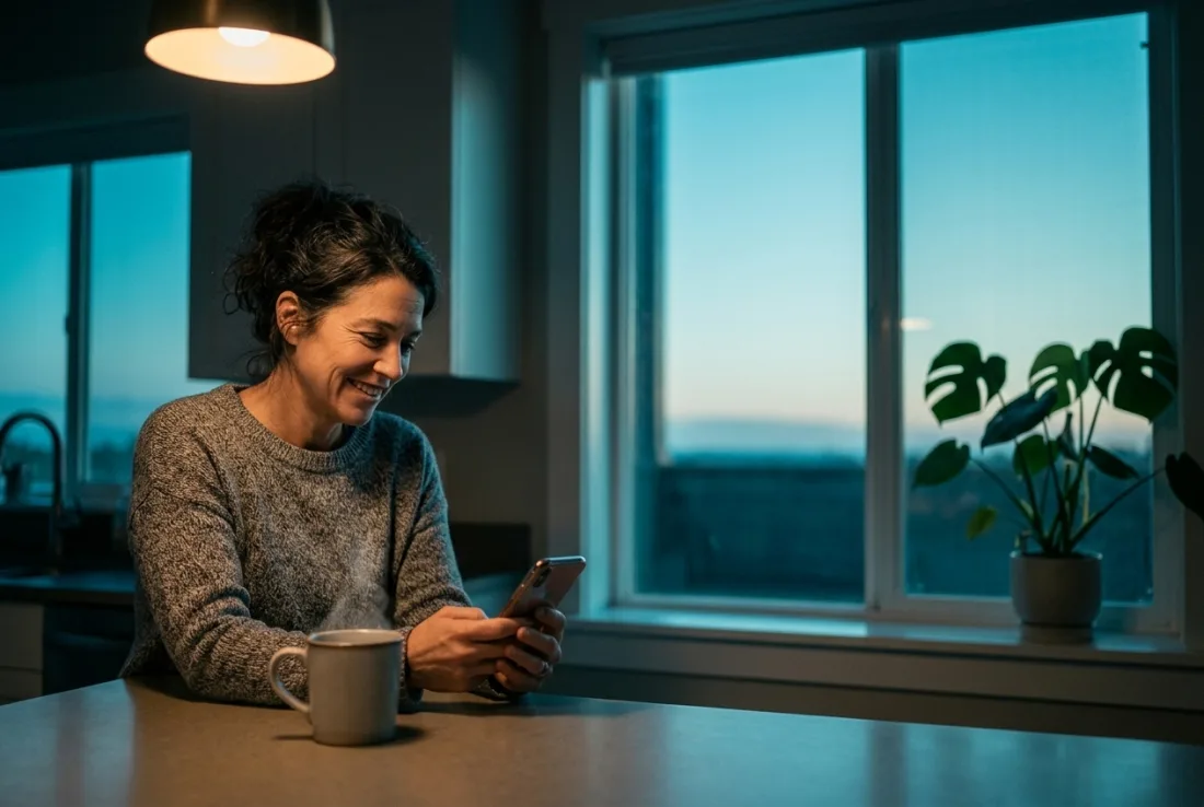 A woman with her morning coffee, smiling at her monthly recap on her phone