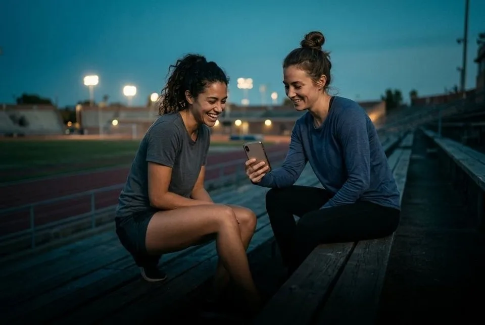 Two friends on the bleachers after a track session, checking their ZONAL Score